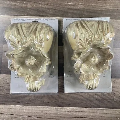 Pair Of Ornate Magnolia Resin Floral Curtain Swag Rod Holder Cream W/ Gold Wash • $23.65