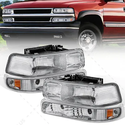 Chrome Headlights + Bumper Lamps For 1999-2002 Chevy Silverado 2000-06 Suburban • $55.88
