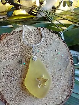 Hand Carved Starfish Yellow Sea Glass Pendant Silver Necklace 18  • $13.99