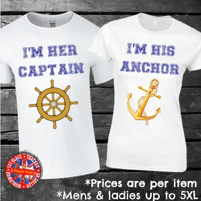 Captain & Anchor Matching T-shirt Set Couples Wedding Funny Fishing • £9.99