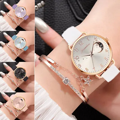 Watch And Bracelet Ladies Women Girls Fashion Leather Strap Wristwatch Gift Set • £4.45