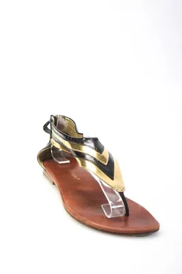 Matt Bernson Women's Zip Closure Open Toe Flat Sandals Gold Black Size 6 • $48.79