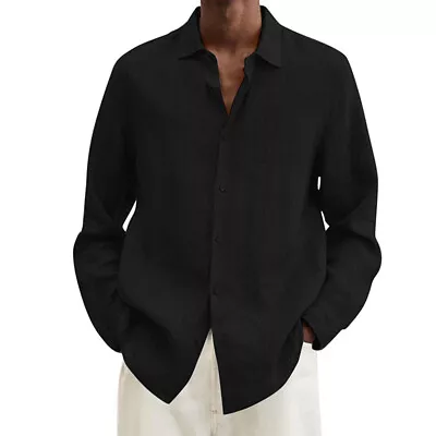 Mens Long Sleeve Cotton Linen Dress Shirt Casual Solid Button-up Baggy Tops • $17.68