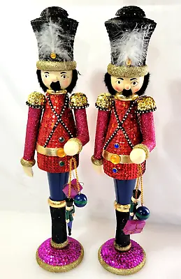 Rare Pair Of Wooden Christmas Nutcracker Soldiers Sequins 20  Tall ~ 1970s • $185