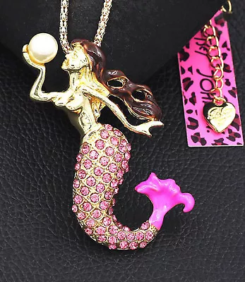 Betsey Johnson Pearl Hot Crystal Mermaid Pendant Chain Necklace Free Gift Bag • $29.99