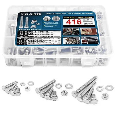 VKKM 416 Pcs Stainless Steel Hex Cap Bolt And Nut Washer Assortment Kit M5/M6/M8 • $26.99