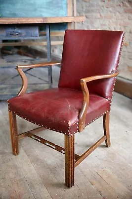 Vintage Leather Arm Chair Nail Studded Desk Accent Chair Red Oxblood Wood Legs • $449.99