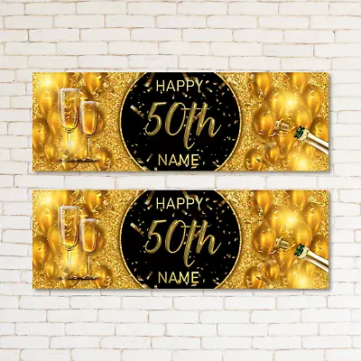 2 Personalised Black Gold Kid & Adult Birthday 50TH Party Banner Event Decor • £3.69