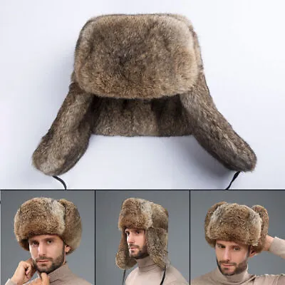 Mens Winter Real Rabbit Fur Hat Russia Trapper Earflap Snowboard Ski Cap Gift • £28