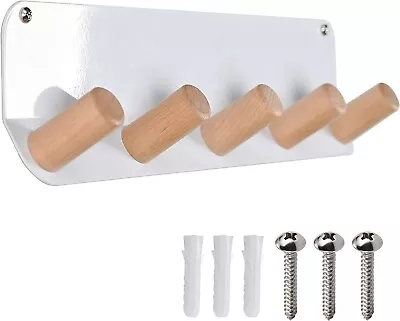 Wall Mounted Boho Coat Rack Wood Wall Hooks Hanging Hanger Pegs Heavy Duty White • £11.99