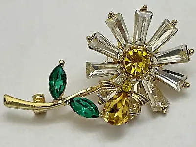 Yellow Bee Flower Daisy Rose Crystal Glass Clear Rhinestone Brooch Pin Vintage • $12.86