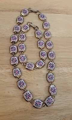 Vintage Enamel Necklace Bracelet Set ENAMEL Puffy Book Chain ART DECO ROSE PAINT • $45