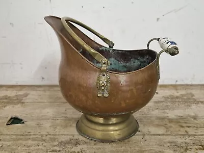 £4.99 • Buy Vintage 23.5 Cm Copper & Brass Coal Scuttle Plant Pot With Ceramic Handle
