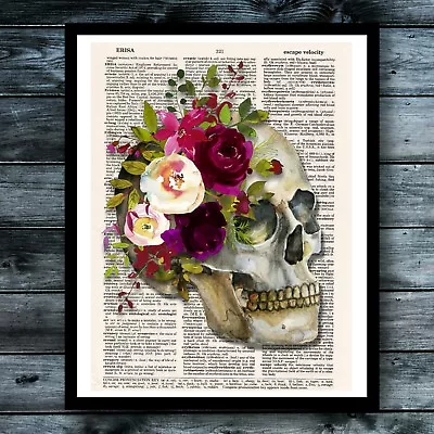 Skull Noir Vintage Dictionary Art Print Gothic Macabre Rose Steampunk Wall Decor • $8