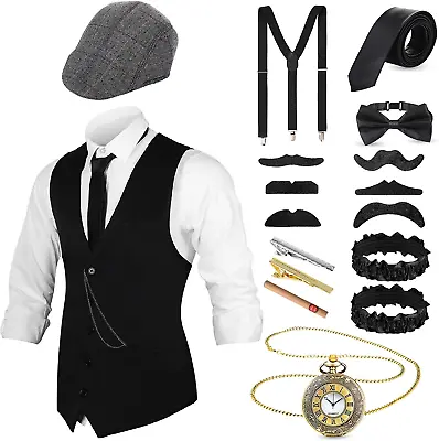 1920S Mens Gangster Vest Costume Accessories Set Fedora Hat 1920S X-Large • $57.99