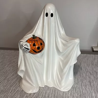 Vintage Ghost Mold Ceramic Jack O' Lantern Halloween Figurine Holding Pumpkin  • $31.96