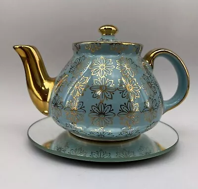 Vintage Hall USA Blue Gold Stars Pottery Teapot 2 Cups Ceramic Tea • $29.50