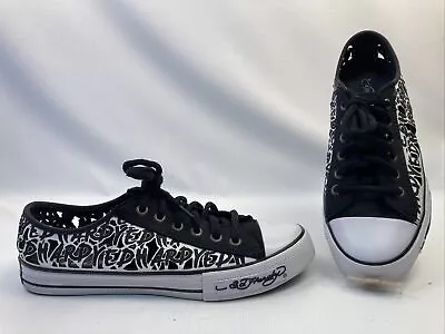 Ed Hardy Low Top Cut-Out Sneaker Shoes Size 10 Black White 11SDE101W EUC Low • $59.74