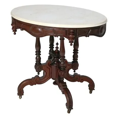 Antique Renaissance Revival Brooks Walnut Oval Marble Top Parlor Table C1890 • $1320