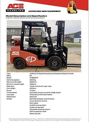 New EP CPQD25XF Container Spec Forklift Buy-£19995 HP-£99.85 Hire-£99.99 AH1912 • £19995