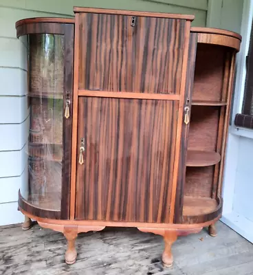 Vintage Walnut Cocktail Cabinet With Curved Glass Doors 0ne Needs Glass • $220