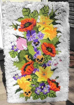 Large Vintage Mid Century Modern - 70's Floral Crochet Yarn Wall Rug Tapestry • $155