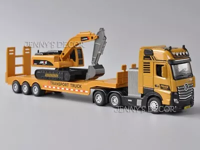 1:50 Diecast Model Truck Toy Tractor And Flatbed Semi-Trailer With Excavator • $14.50