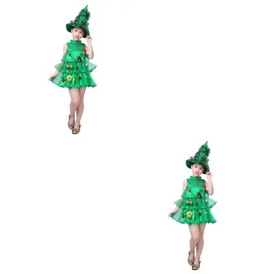  2 PC Children Stage Show Costume Christmas Tree Dress Girl Hat • £28.48