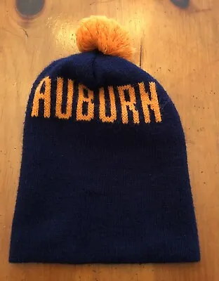 Auburn Navy Blue & Orange Knit Stocking Hat Beanie W/ Pompon Soft Adult Size • $10