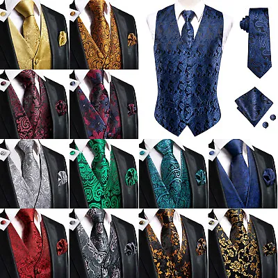 Mens Waistcoat Paisley Floral Silk Vest Tie Hankie Cufflinks Set Wedding Formal • $51.98