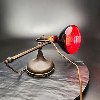 Vintage Brass Industrial Desk Lamp Red Heat Ray Bulb RARE Collectible Lighting • $600
