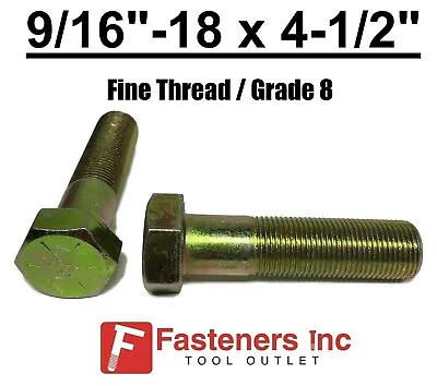 9/16-18 X 4-1/2  (PT) Hex Bolt Yellow Zinc Plated Grade 8 Cap Screw Fine Thread • $11.68