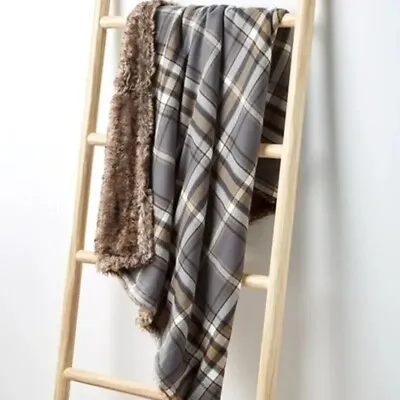 Martha Stewart Collection Plaid Flannel Reverse To Faux Fur Throw Gray • $45