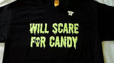   Will Scare For Candy Halloween Black  T Shirt Adult  L  New • $12.88