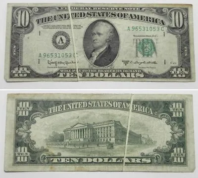 1950 D $10 FRN Boston ERROR Gutter Fold On Face And Back VF #A96531053C • $85