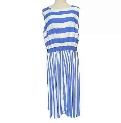 Review Cannes Stripe Dress Women 16 Blue White Sleeveless Shirred Waist • $39.99