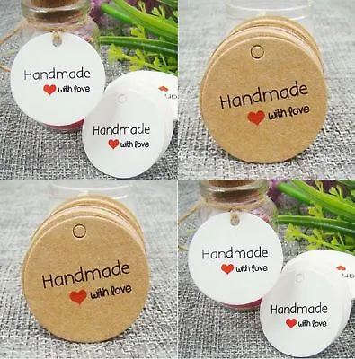 Round Paper Tags HAND MADE WITH LOVE Craft Gift Food Jewellery Wedding Christmas • £2.40