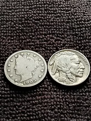 Lot Of 2-Liberty  V  & BUFFALO NICKLE-w/Full Dates-2 Coin Lot! • $5.99