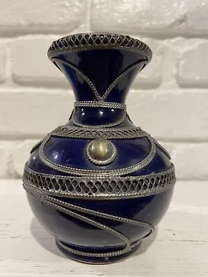 £110.45 • Buy Vintage  Morocco 5” Cobalt Vase With Silver Filigree Metal Overlay