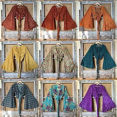 Wholesale 5 Pc Indian Vintage Silk Sari Bell Sleeve Crop Top Retro 60s Clothing • $116.99