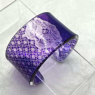 Wide Purple Cuff Bangle Floral Lace Effect Bracelet Retro Boho Unusual • £14