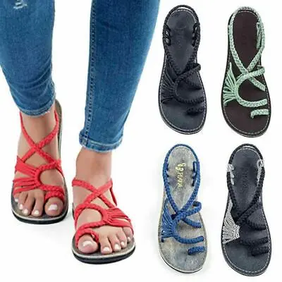 Ladies Womens Flat Ankle Strap Gladiator Summer Sandals Flip Flops Shoes Size • £18.17