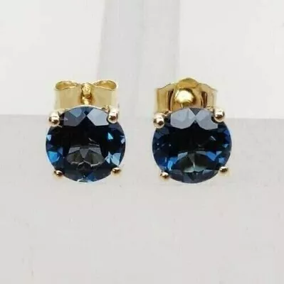 Round Lab Created Blue Sapphire Women's Stud Earrings 14K Gold Plated Silver • $32.99