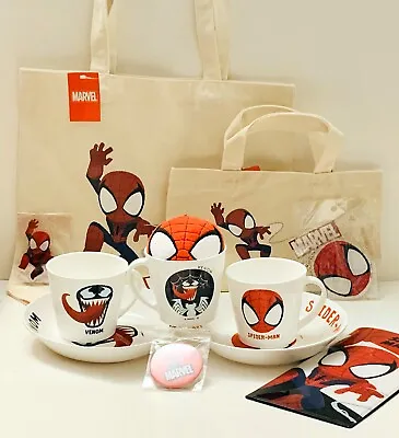 MARVEL JAPAN GURIHIRU: Spiderman Tote Bags+Tea Cup/Plates+Keychain+Magnet+Holder • £145.96