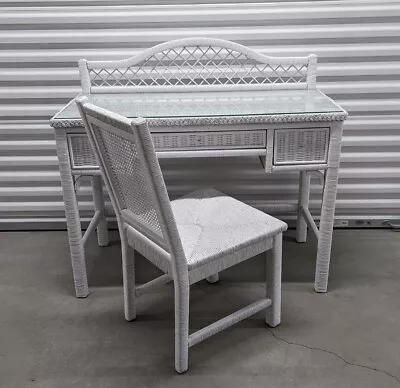 $600 • Buy Vintage Wicker By Henry Link Rattan Desk With Glass Top And Chair