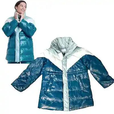 A New Day Womens OVERSIZED PUFFER Jacket Size Small Fits M & L Teal Green White  • $94.22