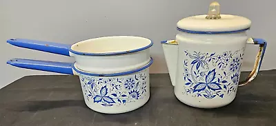 Vintage White & Blue Floral Enamelware Coffee Pot & Double Broiler~set • $45