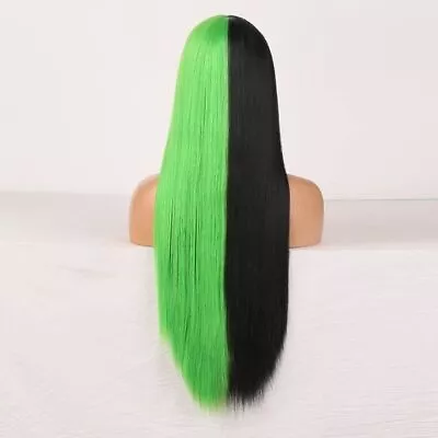 Long Straight Half Green Half Black Lace Front Wigs Fibe Heat Safe Wigs Fashion • $27.99