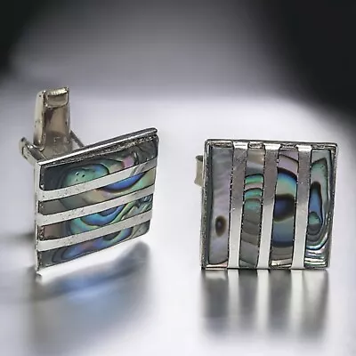 Silver Cufflinks Sterling Abalone Shell Square Mexico Silver Bullet Back Gift  • $32.99