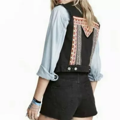 H&M Coachella Denim Vest Distressed Size 4 Black Aztec Design EUC • $7.99